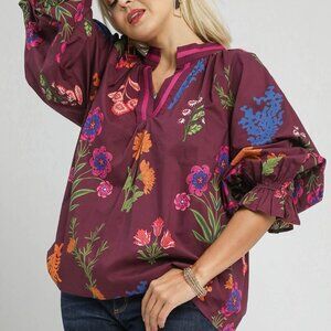 UMGEE Floral Print V Neck Open Collar Top -Burgundy Mix